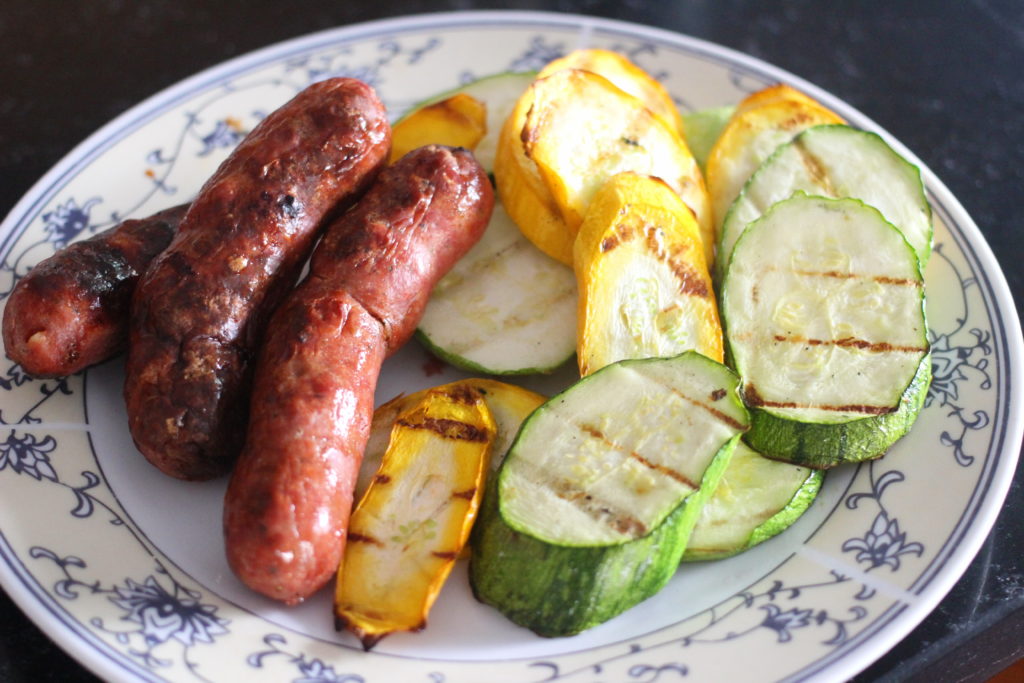 Lac Brome duck sausages with grilled zucchini